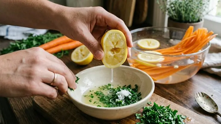Preparate il condimento. Spremete l’altra metà del limone in una ciotolina. Lavate ed asciugate il prezzemolo, tagliatelo finemente e aggiungetelo al limone. Aggiungete il sale.