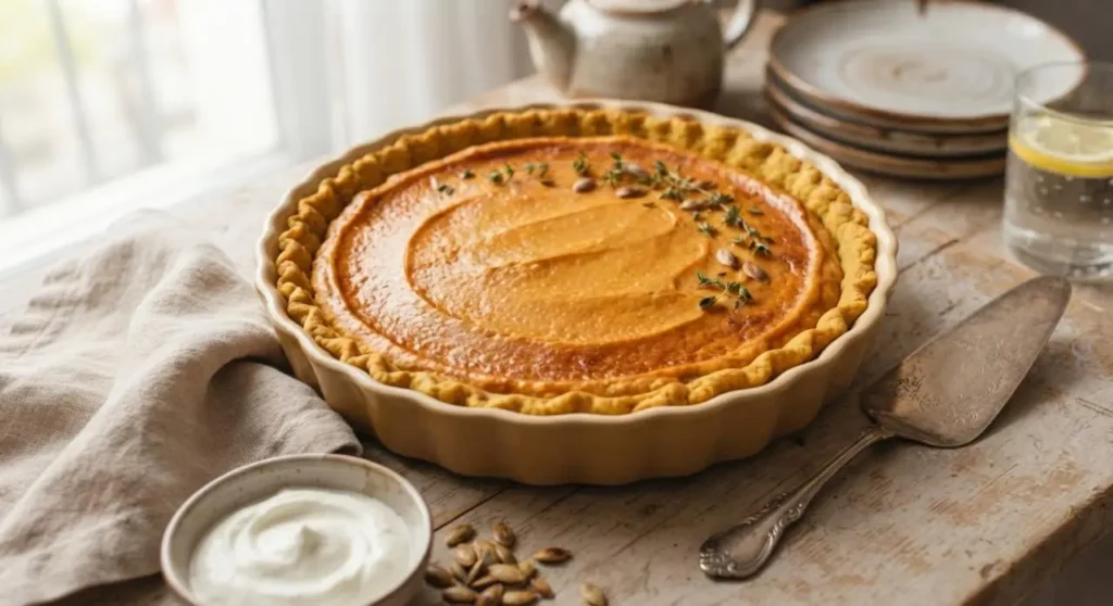 Crostata salata di zucca dorata e cotta, decorata con timo e semi, in una teglia di ceramica su tavolo di legno, pronta per essere servita con panna acida e una spatola.