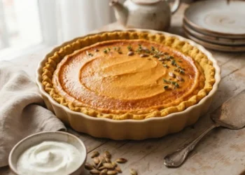 Crostata salata di zucca dorata e cotta, decorata con timo e semi, in una teglia di ceramica su tavolo di legno, pronta per essere servita con panna acida e una spatola.