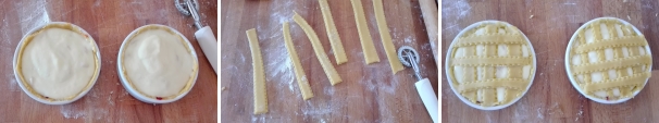 Riempite gli stampini con la crema al limone e pinoli. Dai ritagli di pasta ricavate delle striscioline e decorate la superficie con il motivo a reticolo tipico delle crostate. Infornate a 180 gradi per 20-25 minuti. Sfornate e lasciate raffreddare.