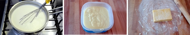 Versate la crema in un pentolino e portate lentamente ad ebollizione mescolando sempre. Quando la crema comincia a bollire spegnete la fiamma e lasciate raffreddare. Tenete la crema da parte. Stendete il panetto di pasta frolla (qui la ricetta della pasta frolla) con un matterello.