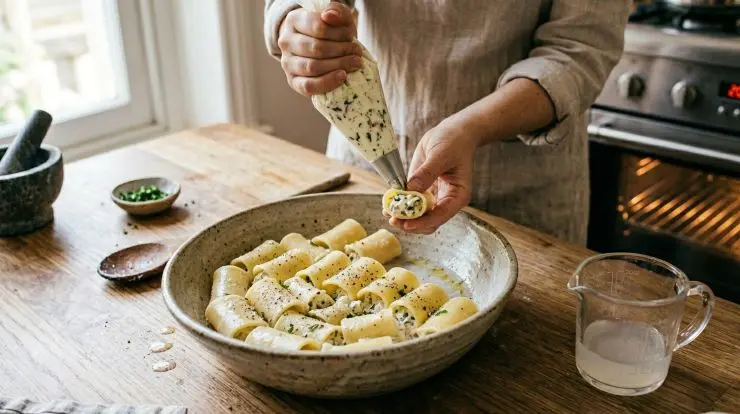 Con l’aiuto della sac a poche farcite tutti i paccheri che successivamente andrete ad adagiare in una teglia senza stringerli troppo tra loro. Versate nella teglia qualche cucchiaio dell’acqua di cottura conservata in precedenza e cuocete i paccheri in forno preriscaldato a 200 gradi per una ventina di minuti. Servite la pasta calda e fumante.