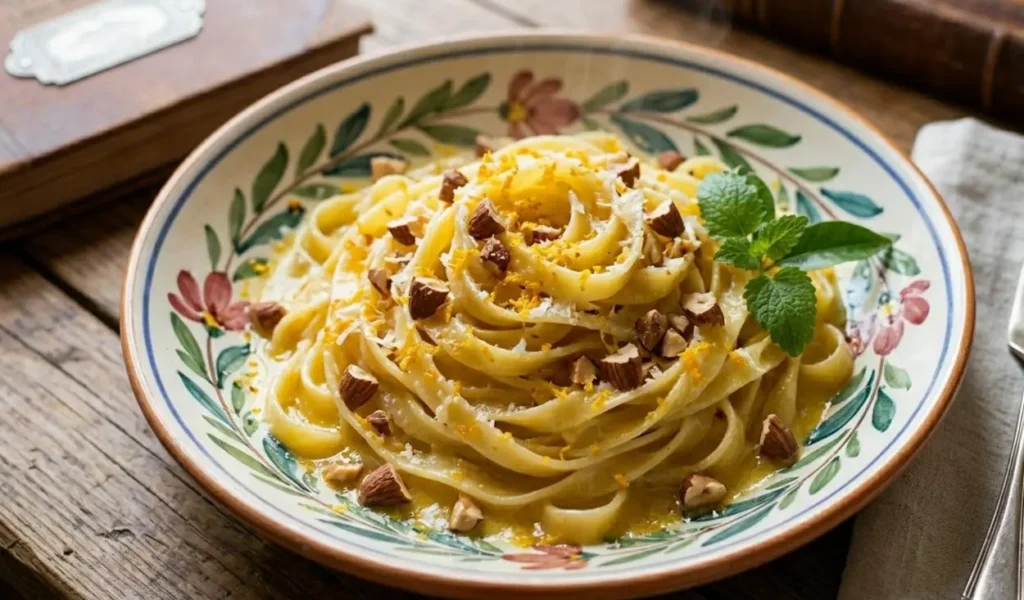 Fettuccine agli Agrumi con Mandorle Fettuccine agli agrumi con zeste di arancia, mandarino e limone, guarnite con mandorle tritate, su un piatto di ceramica napoletana.