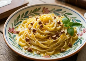 Fettuccine agli agrumi con zeste di arancia, mandarino e limone, guarnite con mandorle tritate, su un piatto di ceramica napoletana.