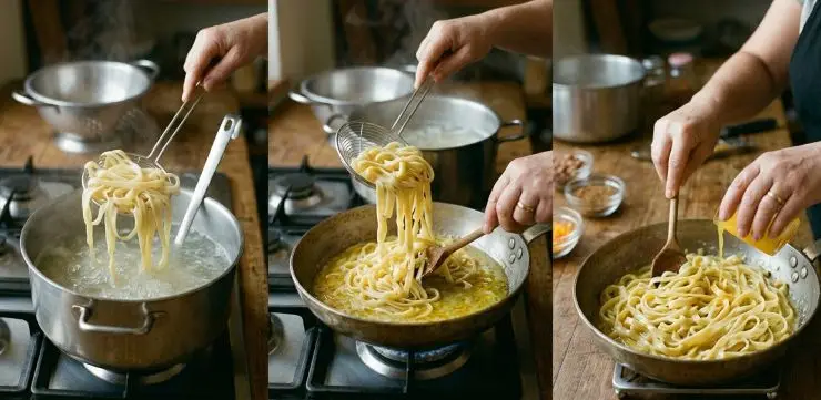 In una pentola messa a bollire con abbondante acqua salata, cuocete le fettuccine scolandole un paio di minuti prima del tempo riportato in confezione; conservate l’acqua di cottura. Trasferite le fettuccine ancora umide nella padella con il burro e fatele saltare a fiamma vivace con un goccio di acqua di cottura, al quale unirete anche il succo filtrato che avrete ricavato dai mandarini. Mantecate la pasta fino all’assorbimento dei liquidi e toglietele dal fuoco. Terminate la mantecatura della pasta fuori dal fuoco unendo le mandorle tritate ed una generosa macinata di pepe nero.