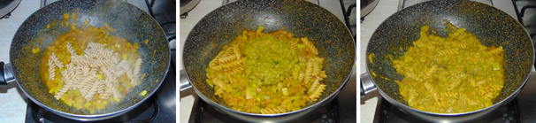 Cuocete i fusilli e scolateli al dente, versateli nella padella con le zucchine e fate saltare qualche minuto, subito dopo spegnete il fuoco ed unite il pesto ottenuto in precedenza; amalgamate bene il tutto e servite in tavola.