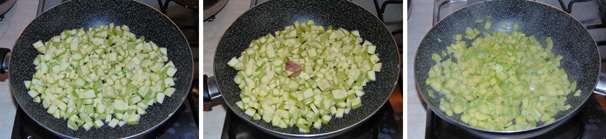 Lavate bene le zucchine e privatele delle due estremità, quindi tagliatele a dadini non troppo grandi e versatele in una padella tipo wok, qui unite anche lo spicchio di aglio in camicia, un pizzico di sale e l’olio extravergine di oliva. Accendete il fuoco e fate cuocere a fiamma media per circa 8 minuti.