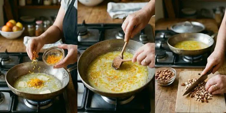 Aggiungete le bucce precedentemente grattugiate e lasciatele andare per qualche minuto a fiamma molto bassa. Non sarà necessario che soffriggano bensì dovranno fare una sorta di infusione con il burro caldo. Una volta pronte toglietele dal fuoco e lasciatele riposare. Su di un tagliere tritate grossolanamente le mandorle tostate e tenetele da parte.