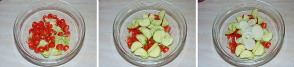 Aggiungete alla lattuga anche i pomodorini tagliati a metà e proseguite con il cetriolo a pezzetti e la cipolla a rondelle.