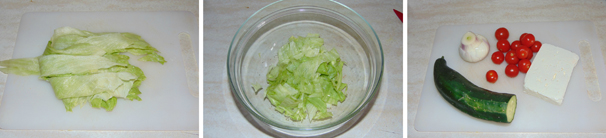 Su di un tagliere preparate e tagliate la lattuga iceberg precedentemente lavata e successivamente versatela in una ciotola. Proseguite con tutti gli altri ingredienti.