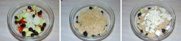 Unite anche le olive nere ed in seguito la quinoa fredda, quindi terminate con la feta a dadini.