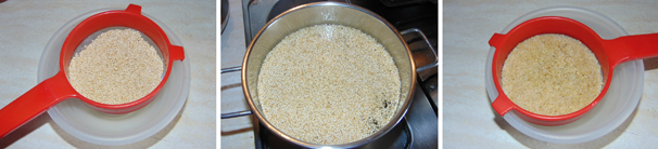 In un colino versate la quinoa e lavatela in abbondante acqua fredda, fino a che non vi accorgerete che l’acqua sarà diventata limpida. In una pentola portate a bollore dell’acqua con un po’ di sale e cuocetevi dentro la quinoa precedentemente lavata. Cuocete per circa 20 minuti, dopodiché scolatela e lasciatela freddare.