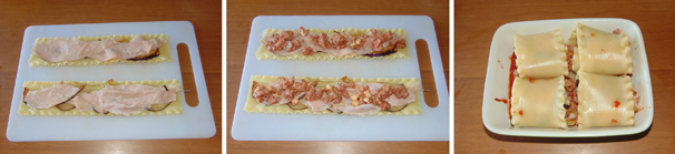 Continuate a farcire le sfoglie di pasta con la mortadella ed infine con un leggero strato del composto di salsiccia e formaggi. Arrotolate le sfoglie su loro stesse ed adagiate gli involtini così ottenuti in una teglia.