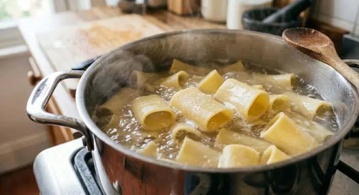Conservate la farcia appena preparata in frigorifero in modo che possa rassodarsi ed insaporirsi bene. In una pentola di acqua portata a bollore con il sale, lessate i paccheri per metà della loro cottura. Una volta pronti conservate un po’ della loro acqua di cottura poi scolateli e passateli sotto acqua fredda; riprendete la farcia dal frigorifero e versatela dentro una sac a poche.