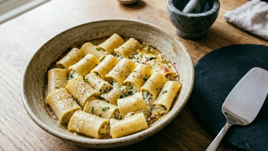Paccheri ripieni al forno con ricotta, zucchine e prosciutto cotto, gratinati in superficie e serviti caldi in una teglia di ceramica.