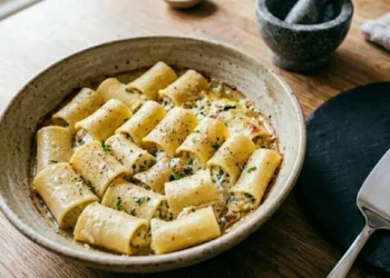 Paccheri ripieni al forno con ricotta, zucchine e prosciutto cotto, gratinati in superficie e serviti caldi in una teglia di ceramica.
