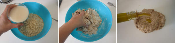 Versate l’acqua con il lievito nella farina e rimescolate con una spatola. Iniziate lavorare con le mani. Trasferite l’impasto sulla spianatoia ed aggiungete l’olio. Impastate e alla fine aggiungete anche il sale.