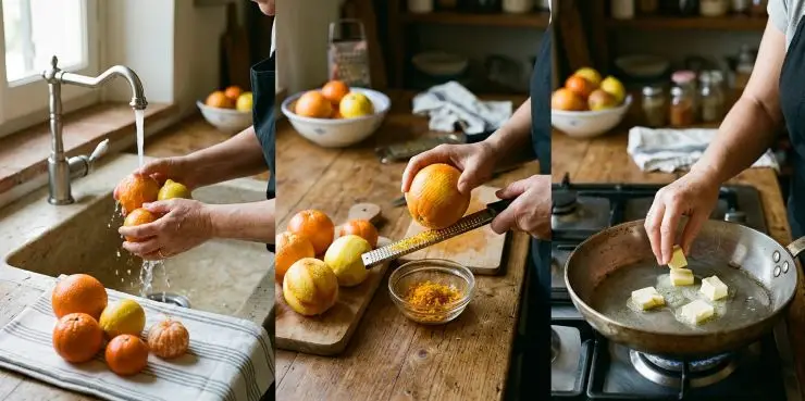 Lavate sotto abbondante acqua corrente fredda le arance, i mandarini ed il limone, successivamente asciugateli bene con un panno. Con una grattugia a fori stretti, grattugiate le bucce, evitando di prendere anche la parte bianca. In una padella alta, versatevi il burro a pezzetti.