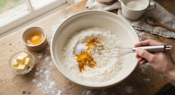 Preparate la frolla. Versate la farina in una ciotola capiente. Aggiungete il sale e la curcuma. Rimescolate. Versate un uovo nella farina e 120 grammi di burro a temperatura ambiente tagliato a cubetti. Rimescolate nuovamente.