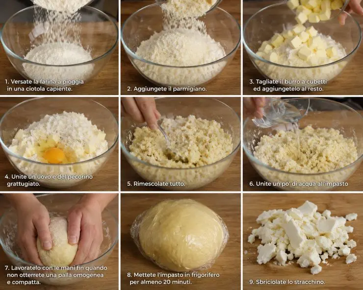 Versate la farina a pioggia in una ciotola capiente. Aggiungete il parmigiano. Tagliate il burro a cubetti ed aggiungetelo al resto. Unite un uovo e del pecorino grattugiato. Rimescolate tutto. Unite un po’ di acqua all’impasto e lavoratelo con le mani fin quando non otterrete una palla omogenea e compatta. Mettete l’impasto in frigorifero per almeno 20 minuti. Sbriciolate lo stracchino.