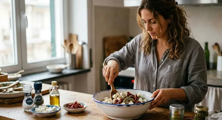 Iniziate a preparare il ripieno dei calamari. Tagliate la feta a cubetti e mettetela in una ciotola con sale, pepe e origano. Iniziate a schiacciare il mix con la forchetta grossolanamente. Tagliate i pomodori secchi a pezzettini e uniteli al formaggio e alle spezie. Amalgamate con la forchetta.