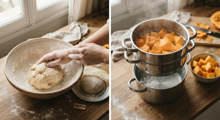 Lavorate l’impasto con le mani per amalgamare bene gli ingredienti. Formate una palla e mettetela in frigorifero per 20 minuti. Intanto preparate la farcitura a base di zucca. Private la zucca della buccia e lavatela. Tagliatela a pezzi grossolani e cuocetela al vapore per 10-15 minuti.