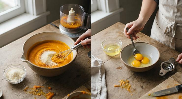 Scolate e frullate la zucca fino ad ottenere una purea. Una volta che si sarà raffreddata, aggiungete il parmigiano. Dividete i tuorli dall’albume e unite i tuorli al composto, quindi rimescolate.