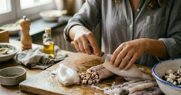 Con le mani inserite il ripieno nei calamari, spingendo bene fino in fondo il formaggio. Chiudete i calamari fermandoli con uno stuzzicandenti. Grigliate su una padella in ghisa i calamari per 8 minuti a lato poi sfumateli con il vino bianco e terminate la cottura.