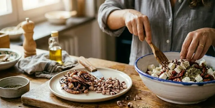 Mettete i tentacoli grigliati su un piatto e tagliate ogni boccone in tanti pezzettini piccoli. Uniteli al formaggio e mischiate il ripieno con una forchetta