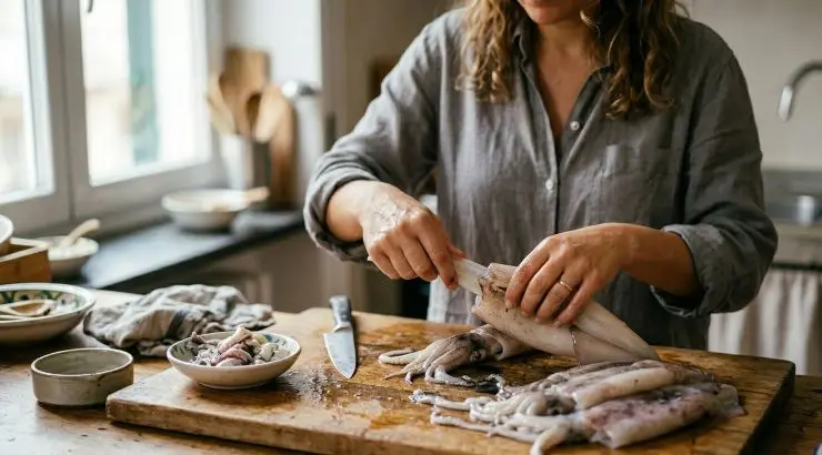 Lavate i calamari sotto acqua corrente e separate corpo e tentacoli. Mettete sul fuoco una pentola antiaderente e grigliate i tentacoli dei calamari, salandoli leggermente.