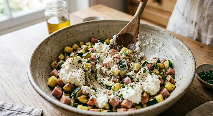 Trasferite il composto di prosciutto e zucchine in una ciotola e lasciatelo raffreddare, quindi unite la ricotta amalgamando insieme tutti gli ingredienti ed infine unite una macinata di pepe nero.