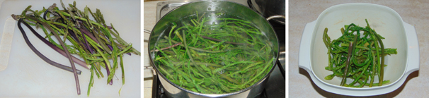 Pulite gli asparagi eliminando le parti più dure, quindi lavateli bene per eliminare eventuali impurità e lessateli in una pentola con acqua salata. Una volta cotti, scolateli e lasciateli intiepidire, quindi versateli in una ciotola