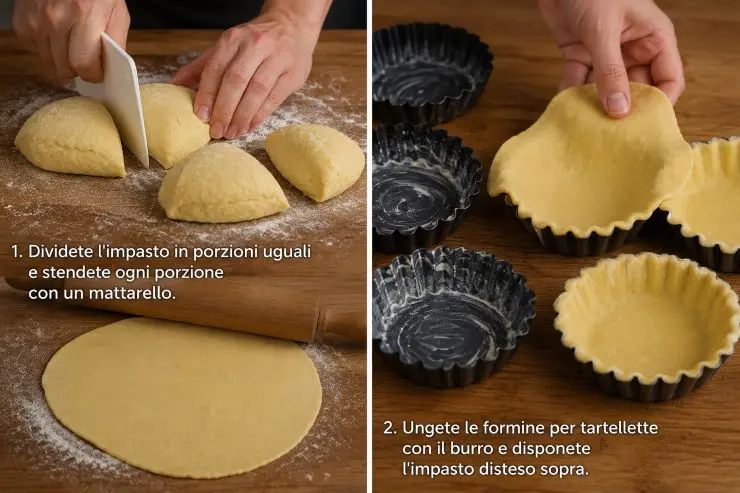 Dividete l’impasto in porzioni uguali e stendete ogni porzione con un mattarello. Ungete le formine per tartellette con il burro e disponete l’impasto disteso sopra. Schiacciate l’impasto contro la formina e poi sistemate il tutto aiutandovi con le mani. Forate il fondo con una forchetta. Mettete un p’o di stracchino all’interno di ciascuna tartelletta e con l’aiuto di una forchetta spalmatelo in modo uniforme.