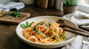 Tagliatelle di carote: il piatto crudista completo Primo piano di un piatto di tagliatelle di carote crudiste con condimento al limone, prezzemolo, peperoncino e menta fresca.
