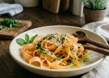 Primo piano di un piatto di tagliatelle di carote crudiste con condimento al limone, prezzemolo, peperoncino e menta fresca.
