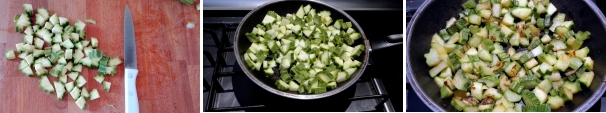Tagliate le zucchine a tocchetti, tritate la cipolla e trasferite le verdure in una padella con due cucchiai di olio extravergine d’oliva. Salate e fate saltare per 10/15 minuti, o per il tempo necessario affinchè le zucchine si ammorbidiscano.