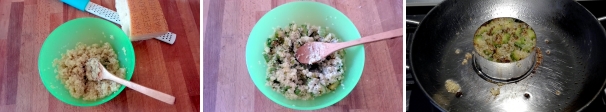 Trasferite la quinoa in una ciotola, aggiustate di sale e aggiungete le zucchine e il parmigiano grattugiato. Mescolate per amalgamare tutti gli ingredienti. Scaldate l’olio rimasto in un tegame e con l’aiuto di uno stampino tondo, cuocete i tortini di quinoa, zucchine e parmigiano. Cuoceteli per 3-4 minuti da entrambi i lati. Eliminate lo stampino e impiattate i tortini.