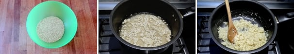 Iniziate lavando accuratamente la quinoa per eliminare le saponine presenti sulla superficie dei semi e che renderebbero amaro il piatto. Versate la quinoa in un pentolino con pari quantità di acqua e portate lentamente ad ebollizione. Fate cuocere lentamente fino a quando i semi di quinoa non avranno assorbito tutta l’acqua. Tenete la quinoa da parte.