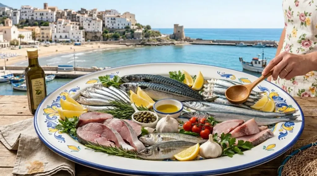 Grande sperlonga in ceramica decorata con assortimento di pesce azzurro fresco tra cui sarde, alici, sgombro e ricciola, su un tavolo di legno con lo sfondo del borgo di Sperlonga e il mare.