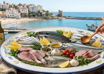 Grande sperlonga in ceramica decorata con assortimento di pesce azzurro fresco tra cui sarde, alici, sgombro e ricciola, su un tavolo di legno con lo sfondo del borgo di Sperlonga e il mare.
