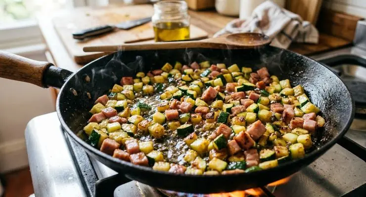 Lavate e mondate le zucchine, quindi tagliatele a strisce sottili dalle quali ricaverete poi dei piccoli cubettini. Scaldate in padella qualche cucchiaio di olio extravergine di oliva e fatevi rosolare dentro i cubettini di zucchina, saltateli velocemente con un pizzico di sale e dopo qualche minuto unite i cubetti di prosciutto cotto. Lasciate cuocere ancora per circa 6 minuti.