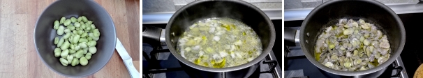 Sbucciate le fave e trasferitele in un pentolino, quindi ricopritele con acqua fredda. Aggiungete la cipolla tritata, 3 cucchiai di olio extravergine d’oliva e la salvia. Portate lentamente ad ebollizione e cuocete per circa 40 minuti.