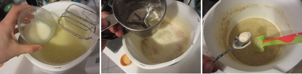 Aggiungete mezzo bicchiere di latte di soia e rimescolate. Setacciate la farina con il lievito ed aggiungetela al composto, mescolando delicatamente. Aggiungete un pizzico di sale.