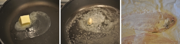 Fate sciogliere il burro in una padella antiaderente e insaporitelo con lo spicchio di aglio. Nel frattempo infarinate la sogliola da entrambi i lati in modo da far assorbire al pesce tutti i sapori della padella.