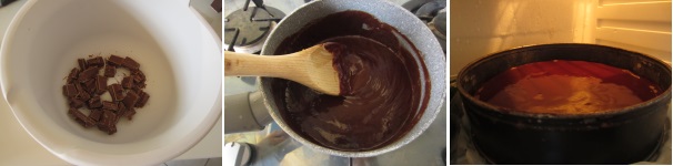 Tagliate grossolanamente il cioccolato fondente e aggiungete la panna. Aggiungete il burro e mescolate per unire bene il tutto. Versate sopra il cremoso solido, arrivando fino ai bordi. Mettete nel frigorifero per almeno 2 ore.