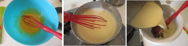 Sbattete con la frusta fino ad ottenere una crema schiumosa. Versatela nel latte caldo e mescolate fino ad ottenere una consistenza cremosa. Tagliate il cioccolato al latte grossolanamente e versate sopra il composto caldo. Rimescolate bene. 