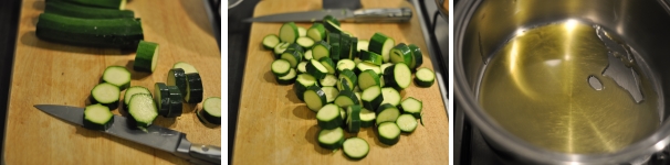 Lavate le zucchine, privatele delle due estremità e tagliatele a rondelle. In una pentola fate scaldare l’olio.