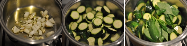 Mettete a dorare il trito di aglio e cipolla per qualche minuto, poi aggiungete le zucchine e proseguite la cottura ancora un paio di minuti in modo da farle insaporire. Aggiungete anche le foglie di basilico.