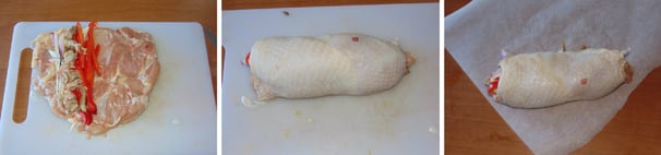 Aggiungete al pollo anche i funghi champignon sgocciolati e strizzati, aggiungete un pizzico di sale e chiudete il roll stringendolo in modo che si chiuda bene. Quindi adagiate il pollo su di un foglio di carta forno.