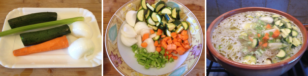 Intanto lavate e tagliate le carote, le zucchine, al cipolla ed il sedano a piccoli pezzi, aggiungetele poi nella pentola mescolando bene tutto. Mettete il coperchio e lasciate cuocere per 2 ore a fuoco bassissimo e mescolando di tanto in tanto per non fare attaccare la zuppa sul fondo.